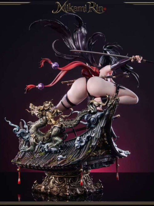 Rear view of Mikami Rin Version A with a sword held behind her, sweeping cape and ribbons above the dragon and rooftop base.