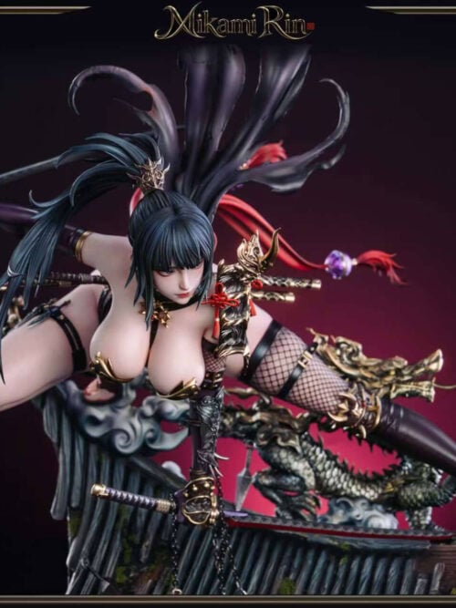 High-angle view of Mikami Rin Version A showing her crouching pose, two swords and the dragon beneath her extended leg.