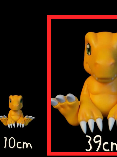 Agumon size comparison with the 39 cm 1:1 option outlined in red beside the smaller 4.5 cm and 10 cm options.