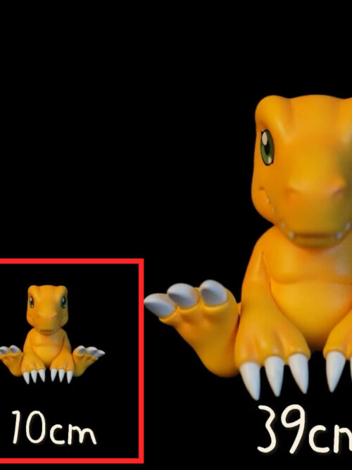 Agumon size comparison with the 10 cm PLUS option outlined in red between the 4.5 cm and 39 cm options.