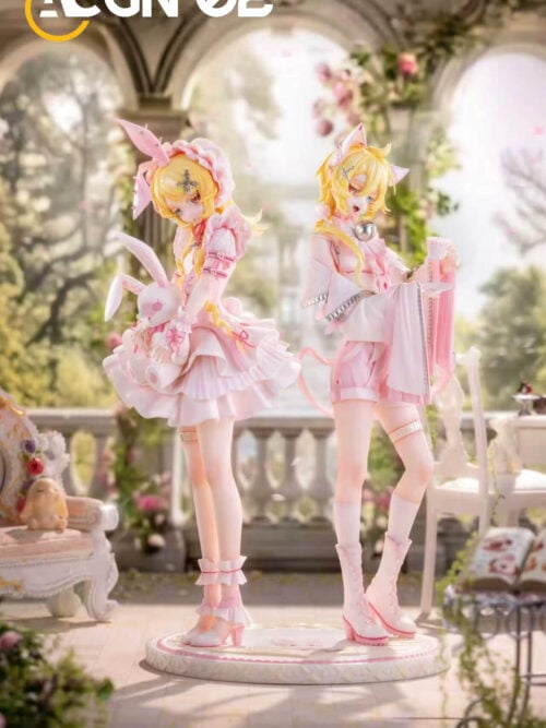 Kagamine Rin and Len in pink animal-themed outfits, holding a rabbit doll and teacup, shown full length on a round base.