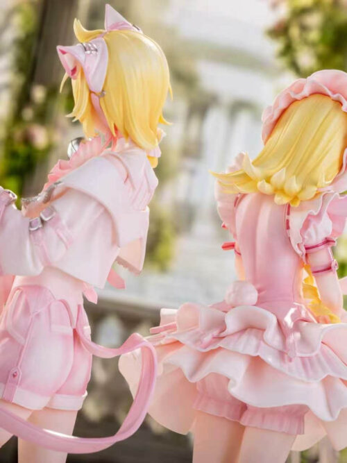 Rear detail of pink Kagamine Rin and Len, showing Len's curling tail and draped sleeves beside Rin's layered skirt and bonnet.