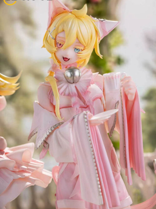 Close-up of Kagamine Len in pink with cat ears, a silver-colored bell, teacup and saucer above long pleated sleeves.