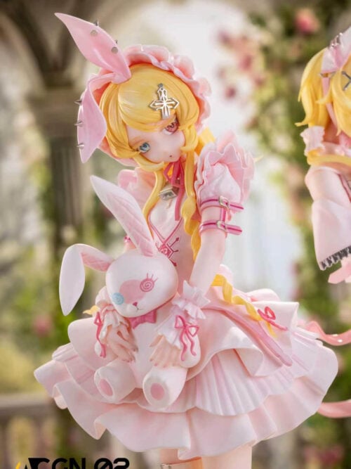 Close-up of Kagamine Rin in pink with a rabbit-ear headdress, layered skirt and rabbit doll; part of Len appears at right.