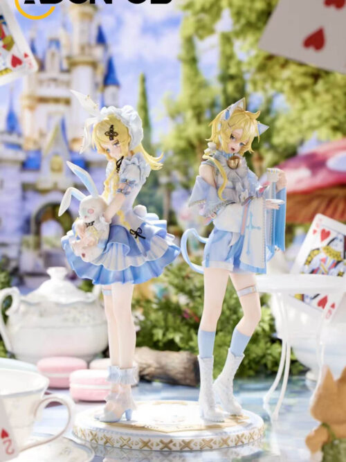 Full view of Kagamine Rin and Len in blue-and-white outfits on a round base, surrounded by a tea-party backdrop.