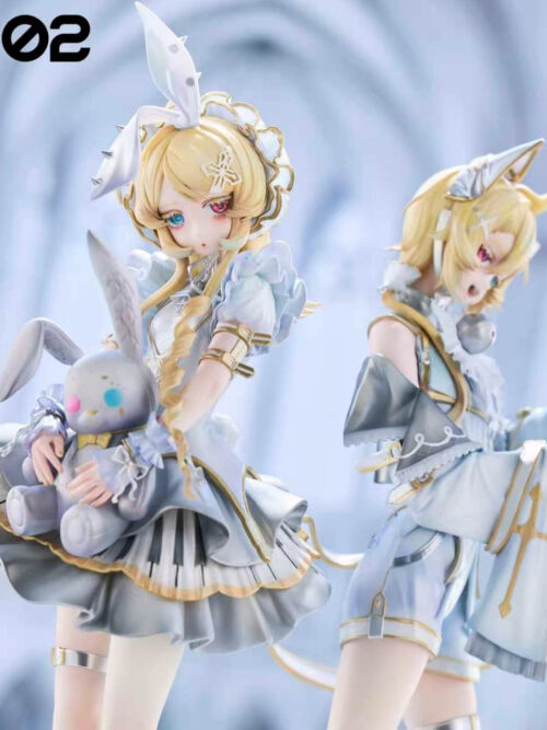 White-version Kagamine Rin holding a rabbit doll beside Len with a teacup, showing piano-key skirt trim and long pleated sleeves.