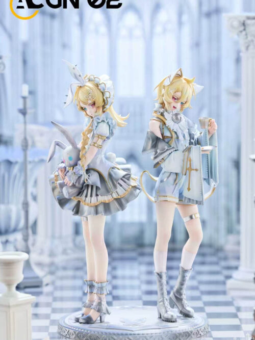 Full view of white-version Kagamine Rin and Len with silver and gold-colored trim, a rabbit doll and tea set on a round base.