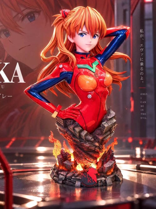 Asuka Langley Soryu bust in a red plugsuit above an illuminated ruined-city base, with Evangelion graphics in the background.