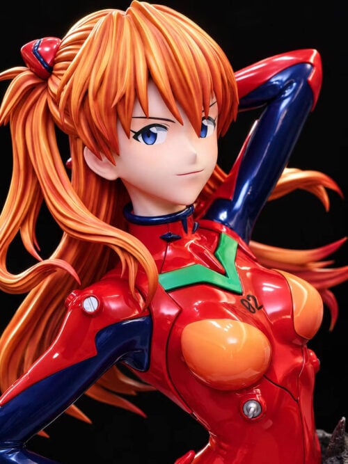 Angled close-up of Asuka's face and orange hair, with one arm raised behind her head and dark blue panels on the red plugsuit.