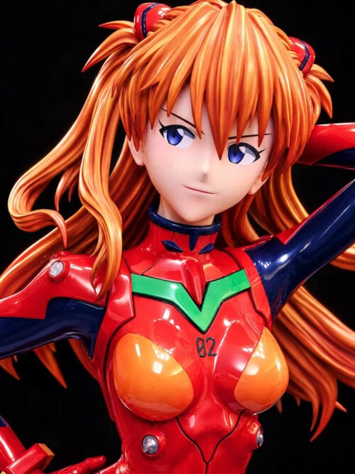 Close-up of Asuka's blue eyes, slight smile and orange hair above a glossy red plugsuit with green trim and an 02 marking.
