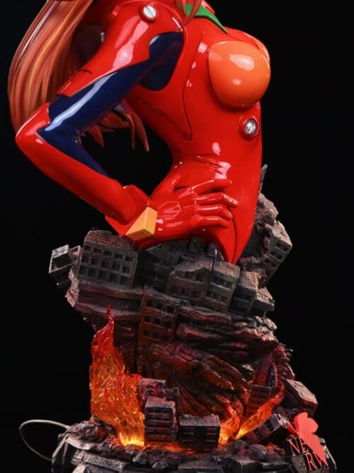 Side detail of Asuka's gloved hand on her hip above fractured buildings, orange flames and the round rubble base.
