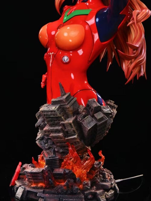 Opposite side view of Asuka's torso and sweeping hair above broken buildings and orange flame effects, with a cable visible behind the base.