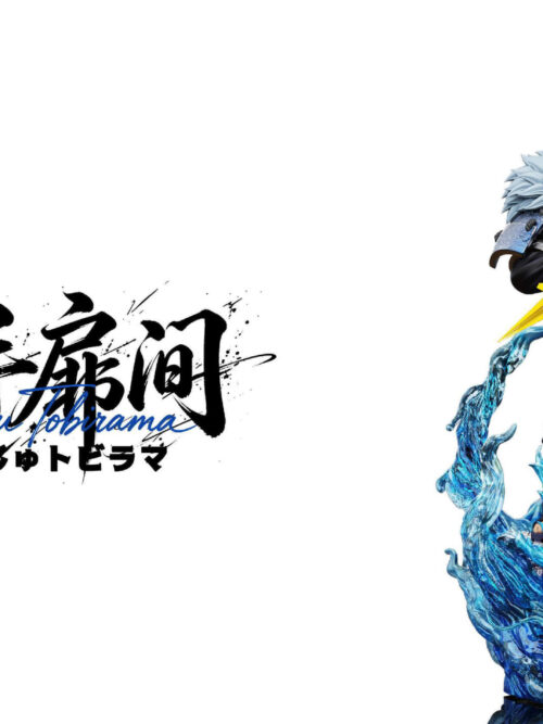 Front view of Tobirama Senju with an uncracked face, blue armor and yellow blade above a dragon-headed water base on white.