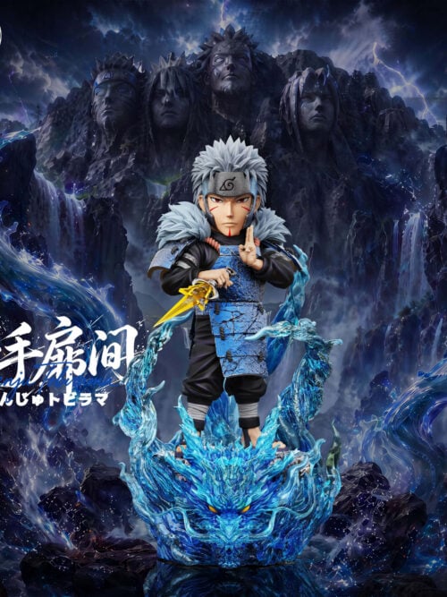 Tobirama Senju holding a yellow blade and forming a hand sign above a blue dragon-headed water base, against a rocky backdrop.