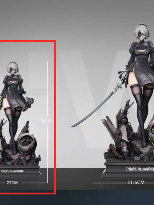2B size comparison showing 30.5 cm and 43.9 cm heights, with the smaller 1/6-scale option outlined in red.