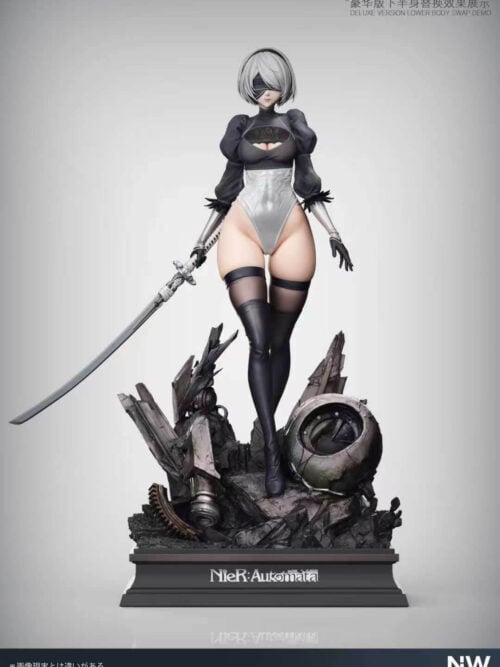 Front view of 2B with the Deluxe skirtless lower-body option, blindfolded head, lowered sword and ruins base.