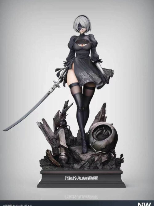 Front view of NightWing Studio's blindfolded 2B in a black dress, holding a lowered sword above a machine-wreckage base.