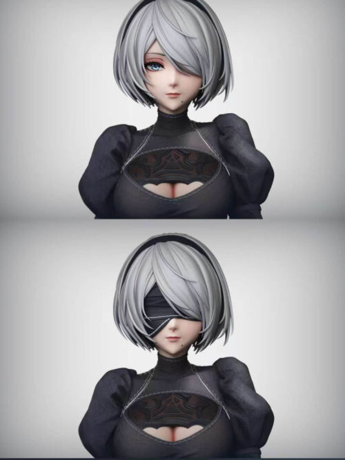 Stacked close-ups of 2B's unmasked and blindfolded portraits, both framed by silver bobbed hair and a black headband.