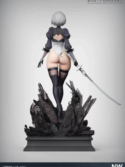 Full rear view of 2B's Deluxe skirtless configuration with a silver-colored bodysuit, tall black boots, sword and ruins base.