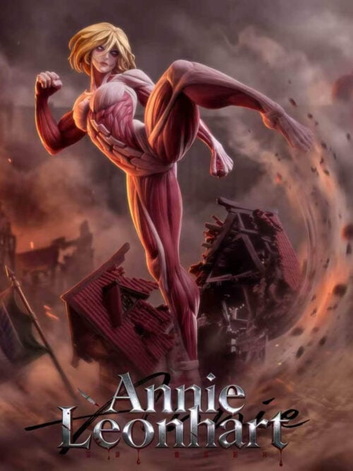 Promotional scene of Annie Leonhart as the Female Titan kicking above ruined rooftops against a burning city backdrop.
