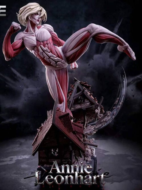 Front three-quarter view of ANE Studio's Female Titan statue with a raised leg, ruined tiled roofs and a curved rubble effect.