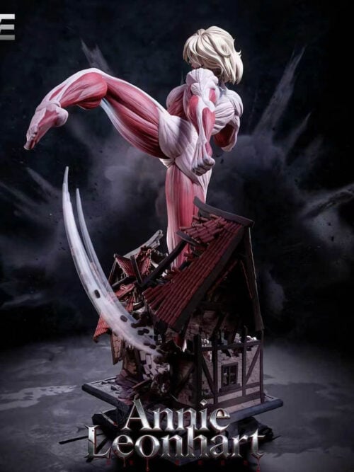 Side view of the Female Titan statue with a raised knee above shattered red-tiled buildings and a sweeping rubble effect.
