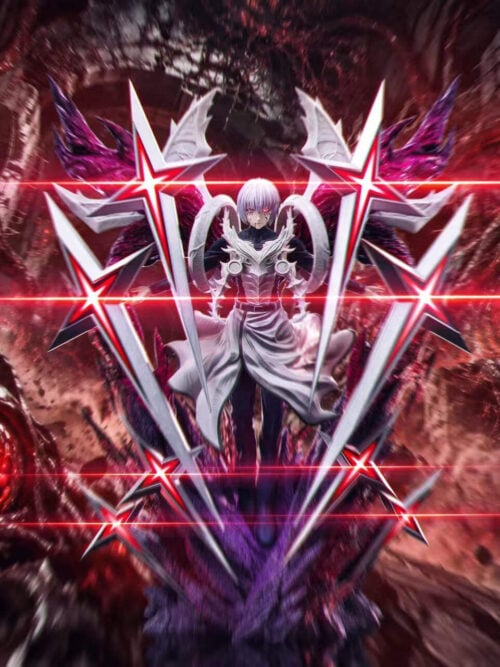 Ken Kaneki surrounded by eight red-lit swords above a purple base, against a ruined-city promotional backdrop.