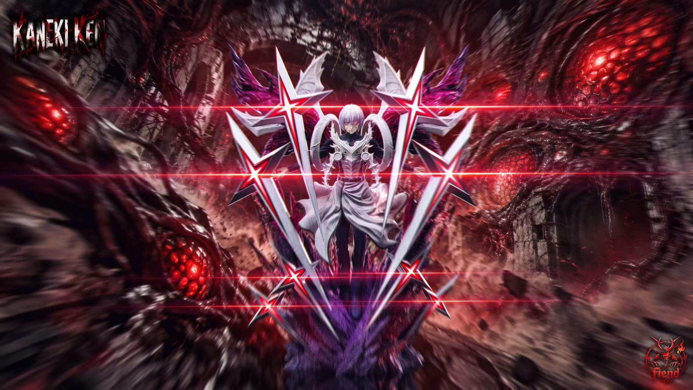 Ken Kaneki Holy Sword Form - Promotional Scene Ken Kaneki surrounded by eight red-lit swords above a purple base, against a ruined-city promotional backdrop.