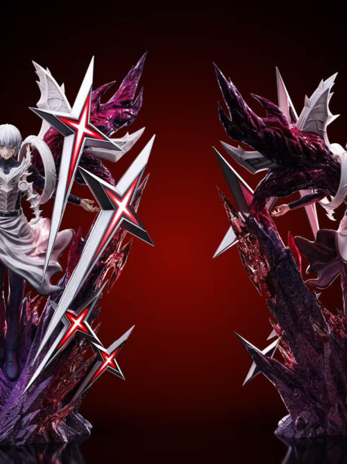 Front and rear views of the same Ken Kaneki statue, showing eight swords, red-purple wings and a jagged purple base.