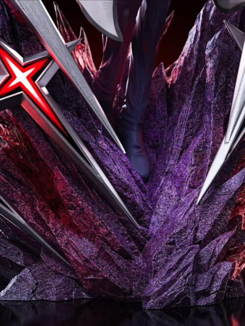 Close-up of the jagged purple base and lower swords with red cross-shaped illuminated details beneath Ken Kaneki.
