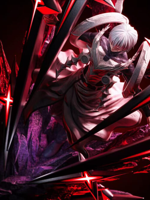 High-angle view of Ken Kaneki's white armor and flowing waist drapery framed by red-lit swords and purple forms.