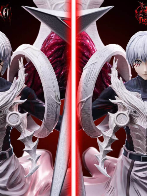 Side-by-side Ken Kaneki portraits with different facial blood markings, white hair, a red eye and matching white armor.