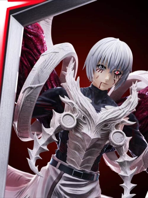 Angled close-up of Ken Kaneki with facial blood marks, a glowing red eye, white chest armor and surrounding swords.