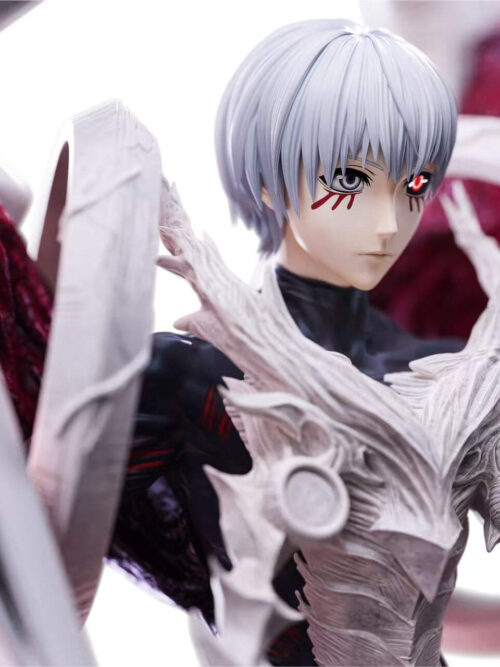 Ken Kaneki portrait with white hair, red markings beneath the eyes and white chest armor between red-lit swords.