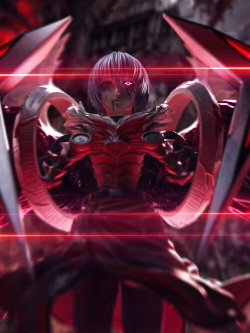 Close-up of Ken Kaneki's red eye and white armor surrounded by sword lights and horizontal red light effects.