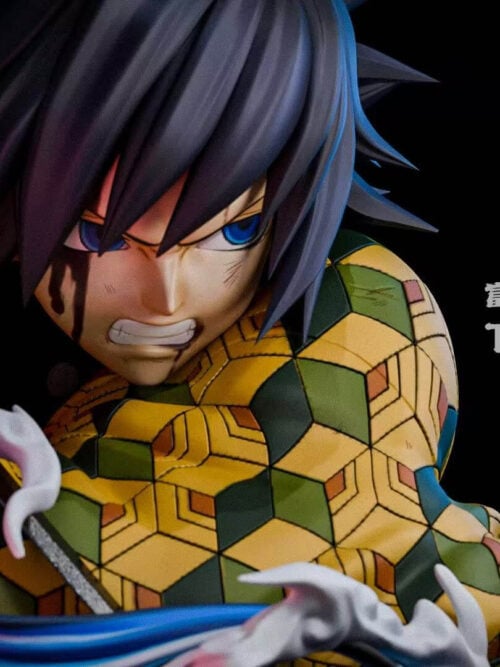Close-up of Giyu Tomioka's clenched teeth, facial wounds and geometric-patterned haori, with his sword and curling water effects.