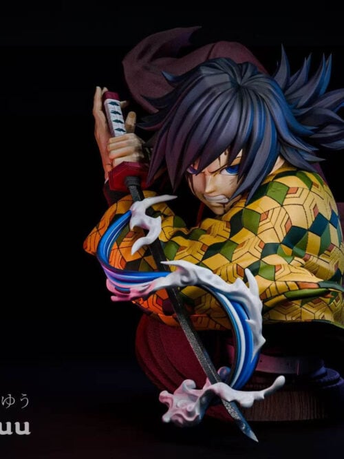 Giyu Tomioka bust holding a sword beside his head, with blue-and-white water effects curling across his patterned haori.