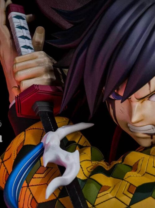 Tight close-up of Giyu Tomioka's blue eyes, gritted teeth and facial wounds beside a red sword guard and white-wrapped hilt.