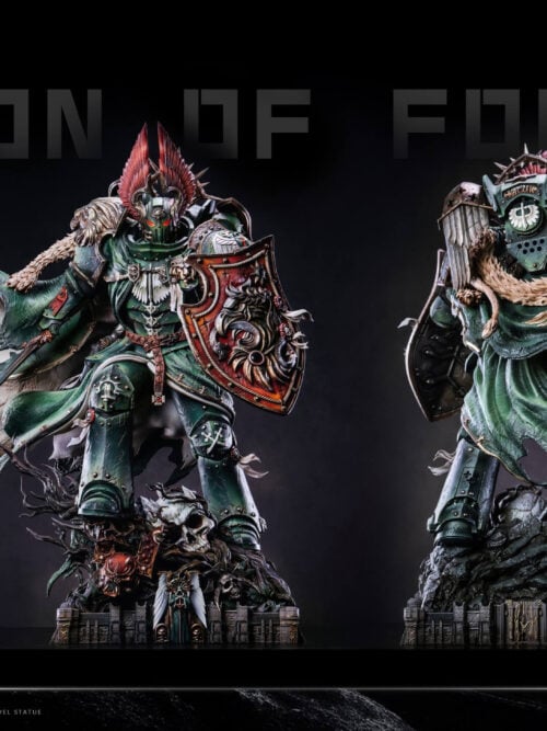 Front and rear views of Astral Studio's Lion El'Jonson statue, showing the winged helmet, sword, red shield, torn cloak and rocky base.