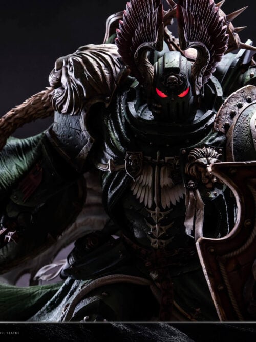 Lion El'Jonson's helmeted upper body in low lighting, with glowing red eyes, a torn cloak and a lion-relief shield.