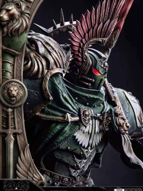 Three-quarter close-up of Lion El'Jonson's helmet, red wing crest, glowing eye and lion-shaped shoulder armor.