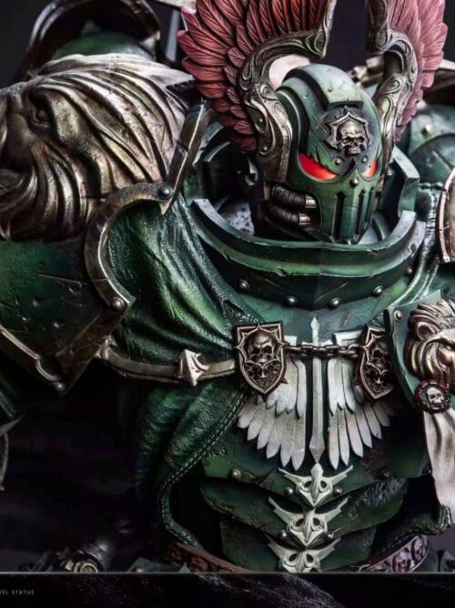 Close-up of Lion El'Jonson's winged helmet with glowing red eyes, lion-shaped shoulder armor and white chest emblems.