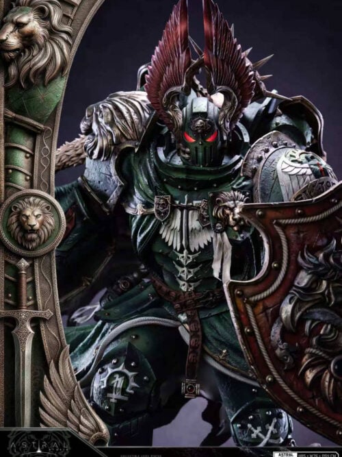 Front close-up of Lion El'Jonson with red helmet wings, glowing eyes, weathered green armor and a partially visible lion shield.