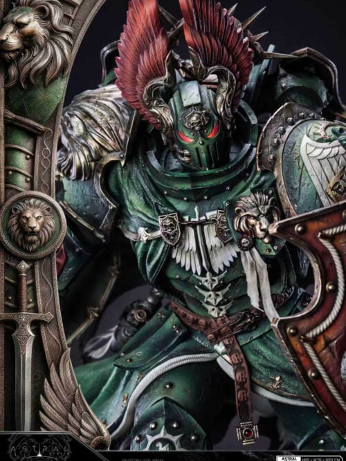 Angled close-up of Lion El'Jonson's red-winged helmet, weathered green armor, lion ornaments and partial shield.
