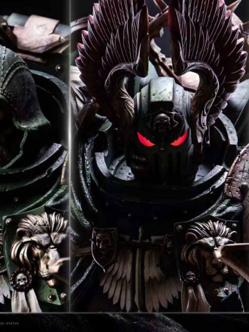 Side-by-side comparison of Lion El'Jonson's hooded, helmeted and bareheaded portraits, with glowing red eyes on the helmet.