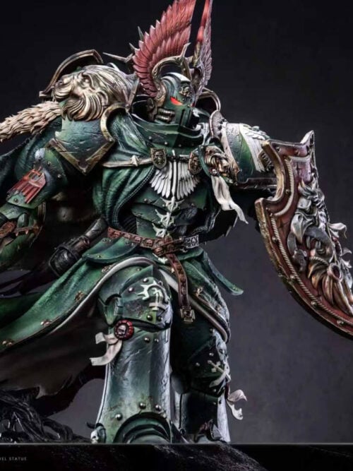 Astral Studio's helmeted Lion El'Jonson with sword and red shield, plus inset views of the back armor, shield and base detail.