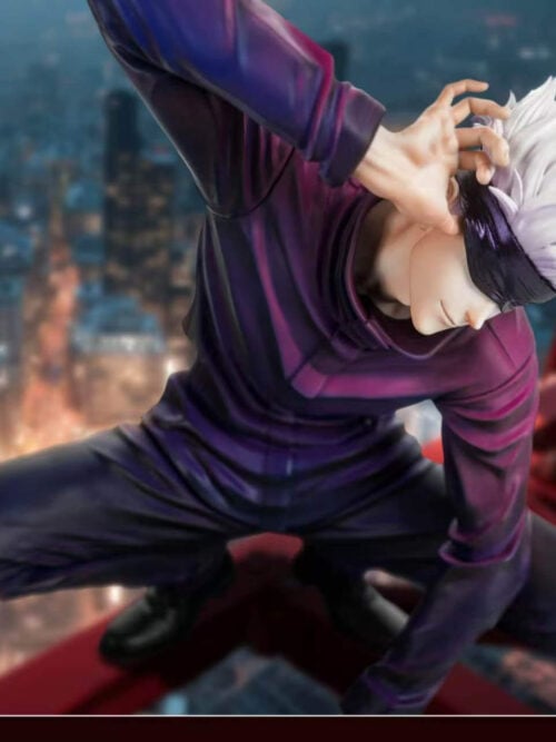 Angled view of blindfolded Satoru Gojo crouching in a purple uniform against a nighttime city and red steel-beam backdrop.