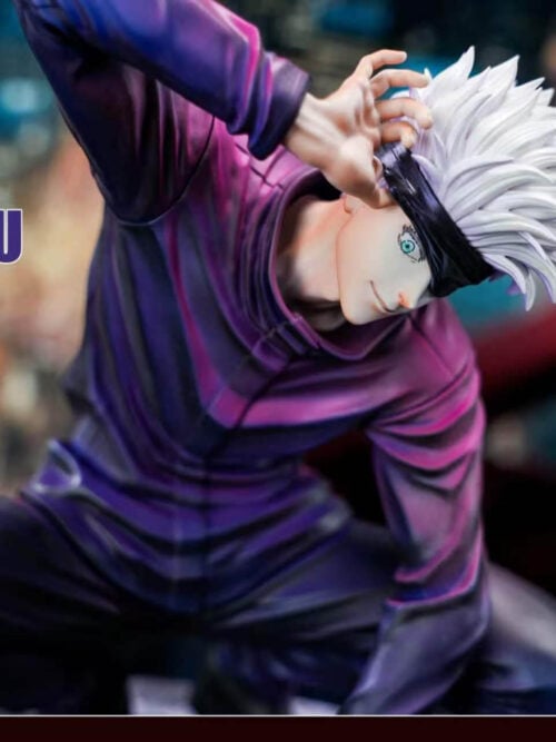 Close-up of Satoru Gojo lifting his blindfold to reveal one turquoise eye, with white hair and a dark purple uniform.