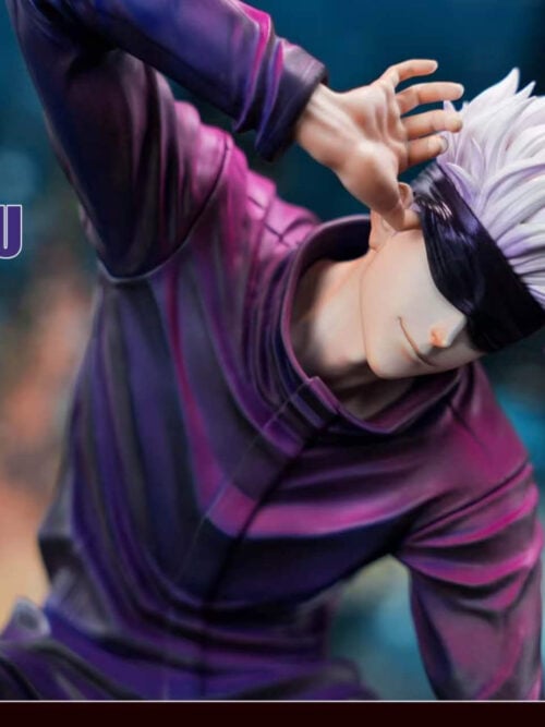 Close-up of Satoru Gojo's fully blindfolded face, spiky white hair and raised hand beside his temple.