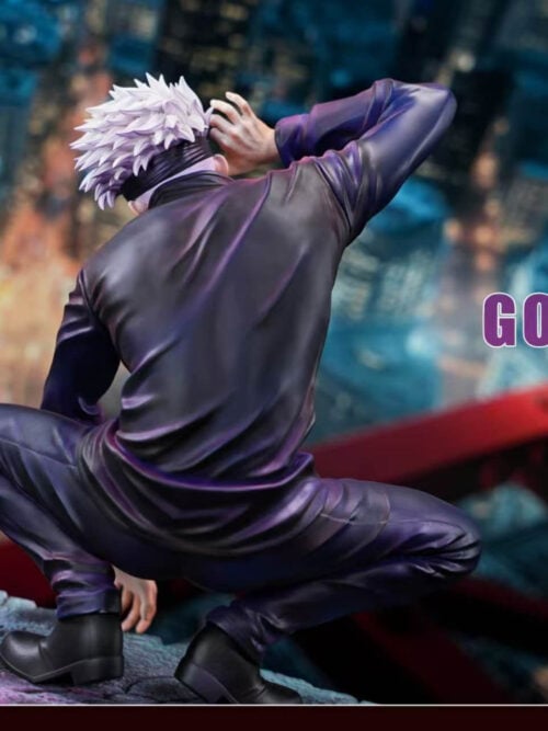 Rear view of Satoru Gojo's crouching pose, showing purple uniform folds, white hair and black boots on a stone-textured base.